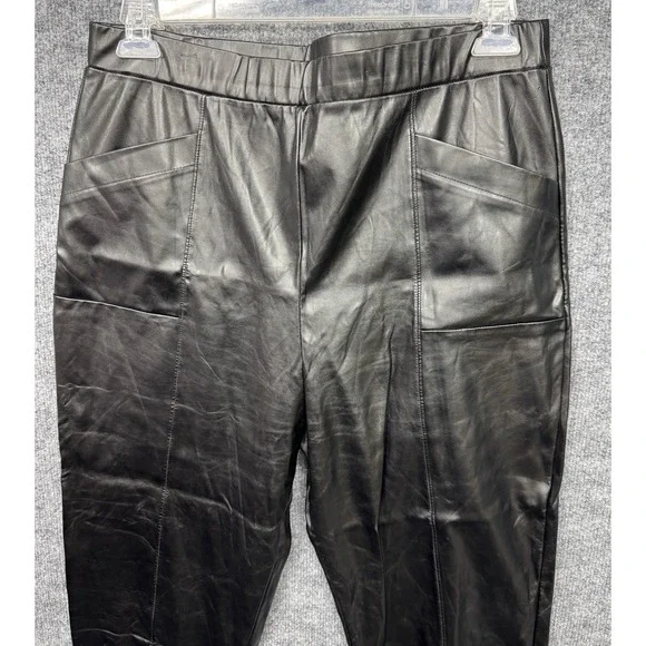 Halston Womens Faux Leather Pants Black High Waisted Elastic Waist Pockets - Picture 5 of 11